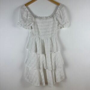 Thirty Thirty White Smocked‎ Tiered Ruffle Sleeve Mini Dress Size M
